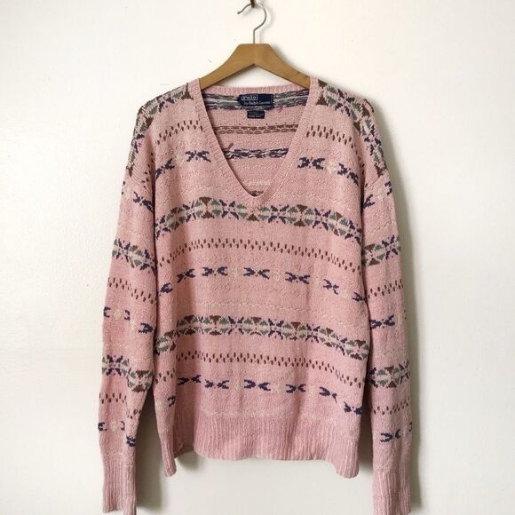 Polo Ralph Lauren Vintage Pink Fairisle Vneck sweater Hand Knit Large western - Picture 1 of 7